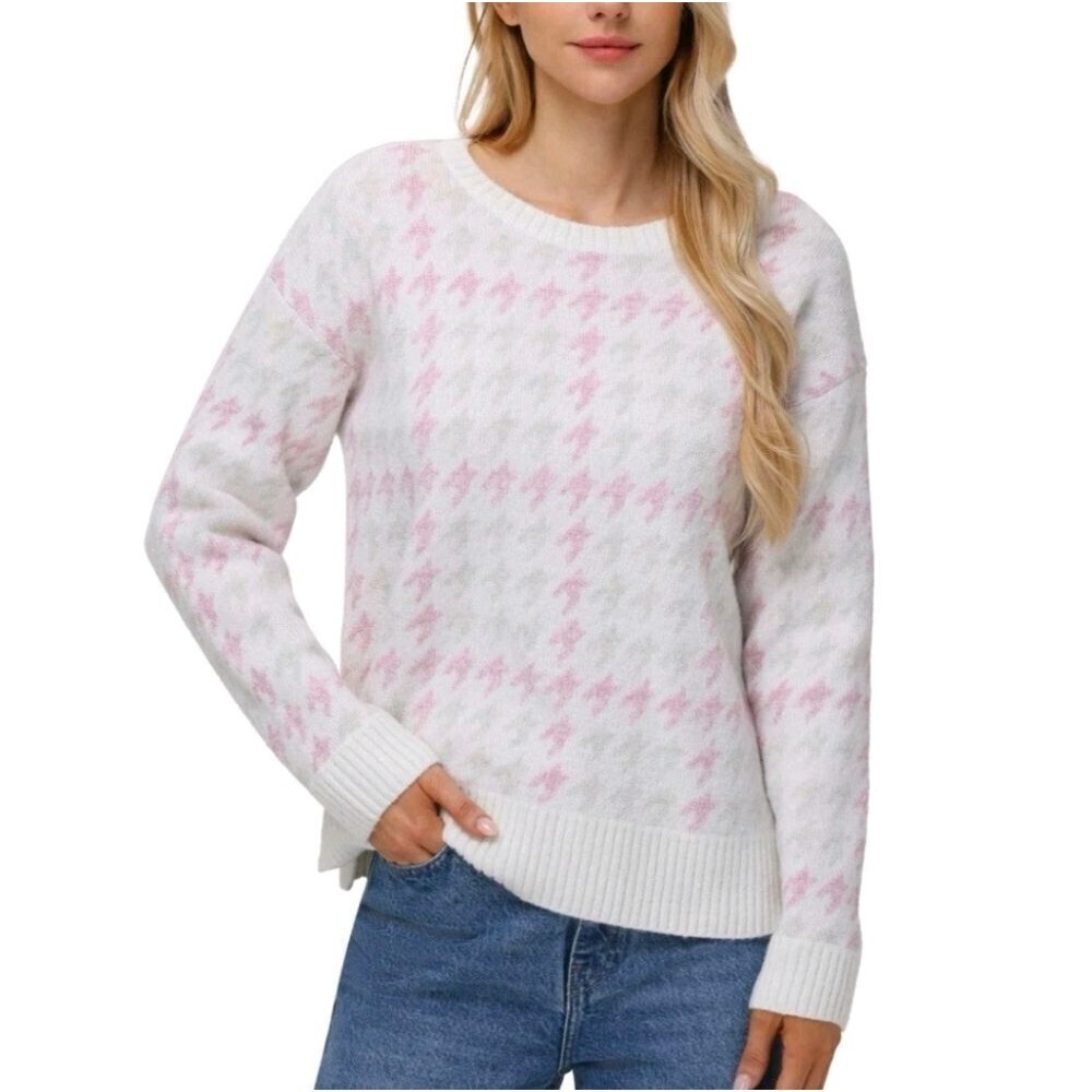 525 America Pink and Cream Houndstooth Soft Crewneck Sweater Xxl